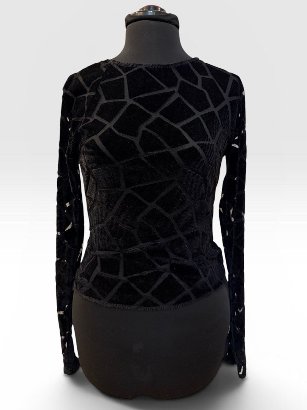 Black Long-Sleeve Geometric Sheer Top